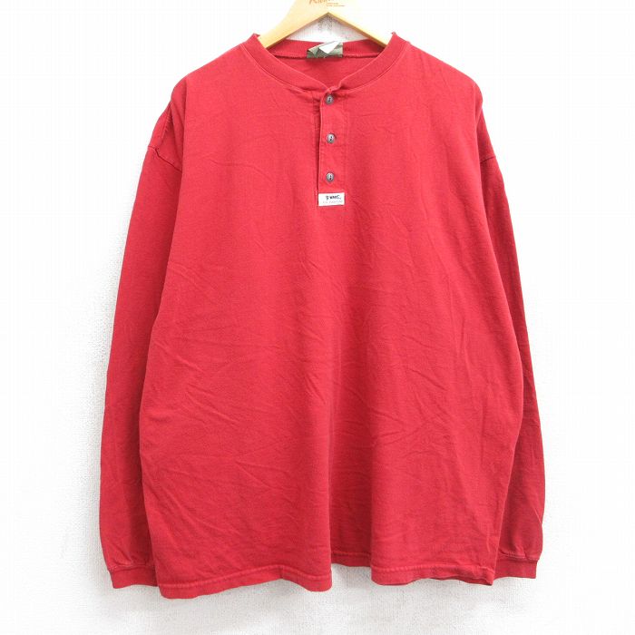 XL★古着 長袖 Tシャツ メンズ 無地 大きいサイズ コットン ヘンリーネック 赤 レッド 25sep26 中古