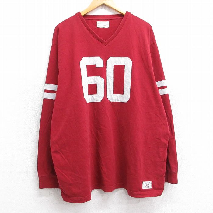 XL★古着 アメリカンイーグル American Eagle 長袖 Tシャツ メンズ 60 大きいサイズ ロング丈 コットン Vネック エンジ系 25sep26 中古
