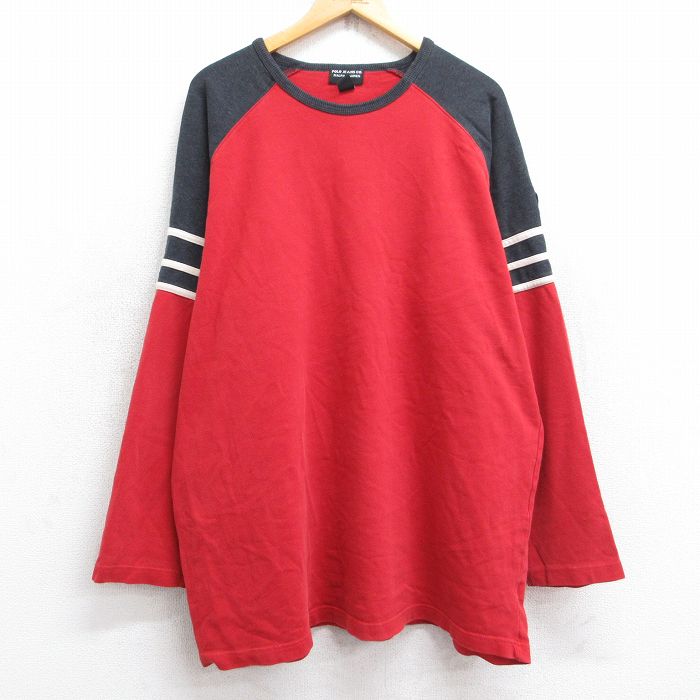 XL★古着 ラルフローレン Ralph Lauren ポロジーンズ 長袖 ビンテージ ブランド Tシャツ メンズ 00年代 00s　ラグラン ツートンカラー 大きいサイズ ロング丈 コットン クルーネック 赤他 レッド 25sep26 中古
