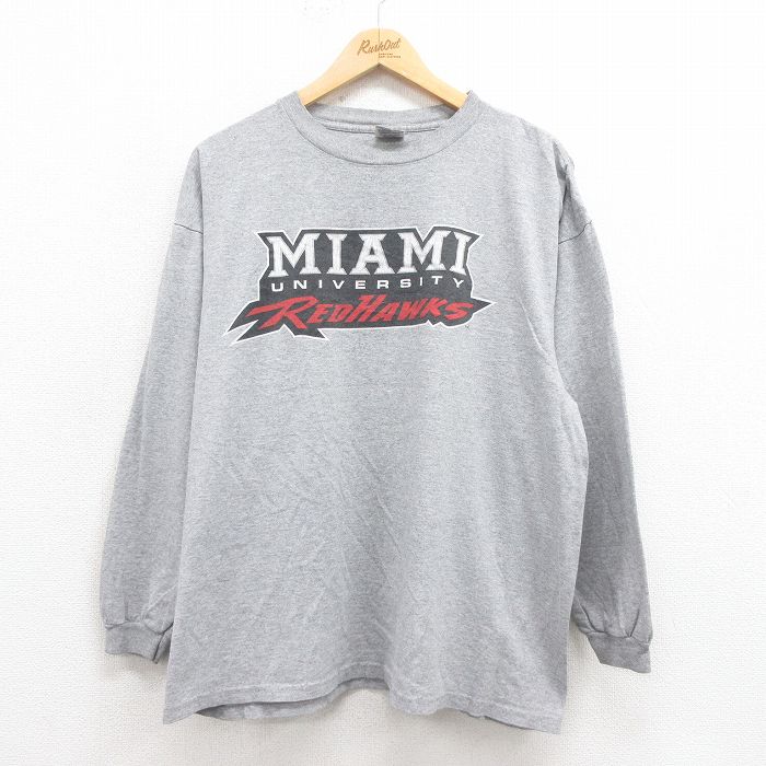 XL★古着 STEVE&BARRYS 長袖 Tシャツ メンズ レッドホークス 大きいサイズ クルーネック グレー 霜降り 25sep26 中古