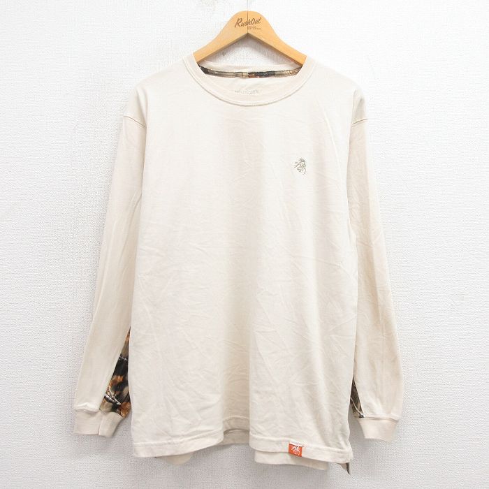XL★古着 長袖 Tシャツ メンズ クルーネック 薄ベージュ カーキ 25sep26 中古