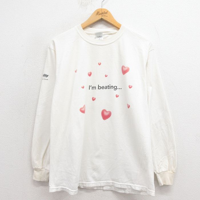 L★古着 長袖 ビンテージ Tシャツ メンズ 00年代 00s ハート コットン クルーネック 白 ホワイト 25sep26 中古