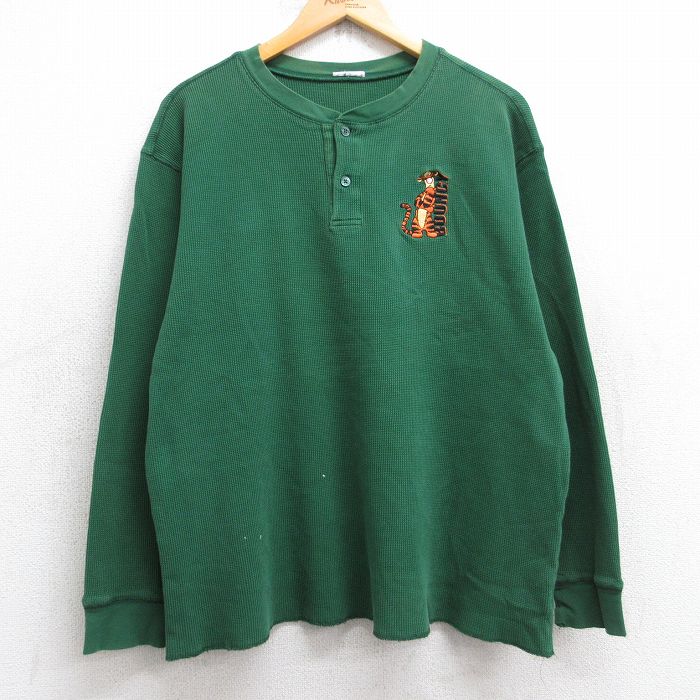 XL★古着 長袖 サーマル Tシャツ メンズ ディズニー DISNEY くまのプーさん ティガー 大きいサイズ ヘンリーネック 緑 グリーン 【spe】 25sep26 中古