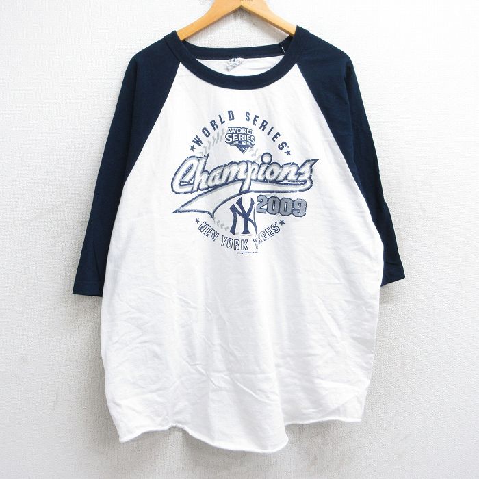 XL★古着 7分袖 ビンテージ Tシャツ メンズ 00年代 00s MLB ニューヨークヤンキース ラグラン ツートンカラー 大きいサイズ ロング丈 コットン クルーネック 白他 ホワイト メジャーリーグ ベースボール 野球 25sep26 中古 7分丈 七分丈 七分袖