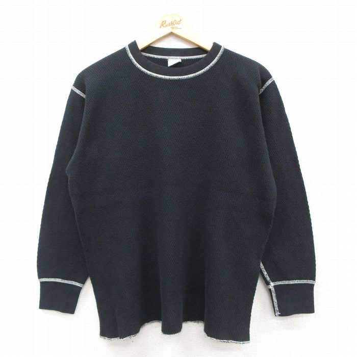 XL★古着 長袖 ビンテージ サーマル Tシャツ メンズ 80年代 80s 無地 クルーネック 黒 ブラック 25sep26 中古