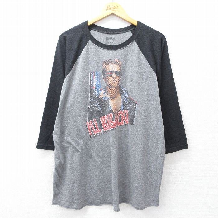 XL★古着 7分袖 Tシャツ メンズ 映画 ターミネーター ラグラン クルーネック グレー 霜降り他 25sep27 中古 7分丈 七分丈 七分袖