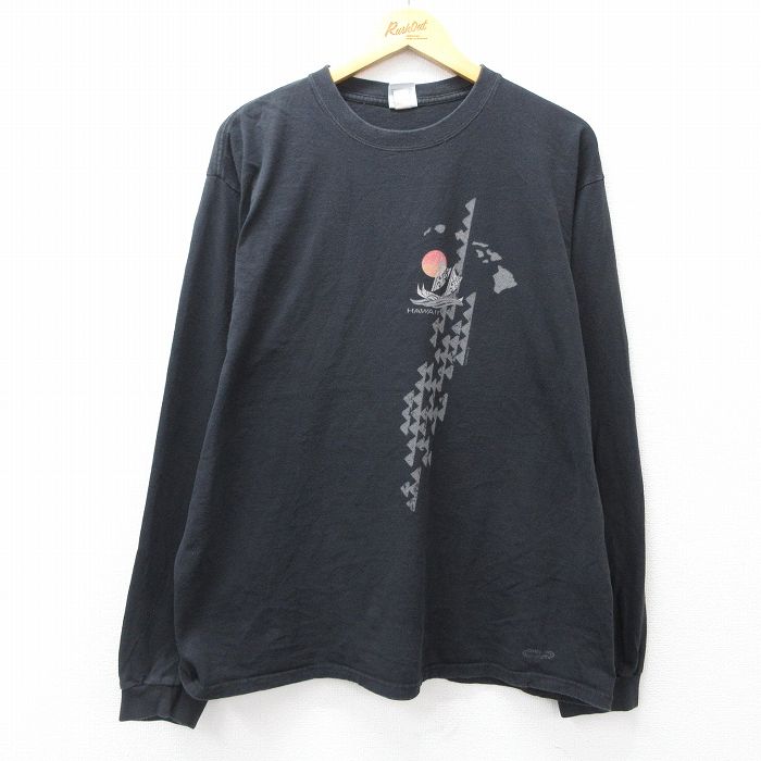 XL★古着 crazy shirts 長袖 Tシャツ メンズ ハワイ 大きいサイズ コットン クルーネック 黒 ブラック 25sep27 中古