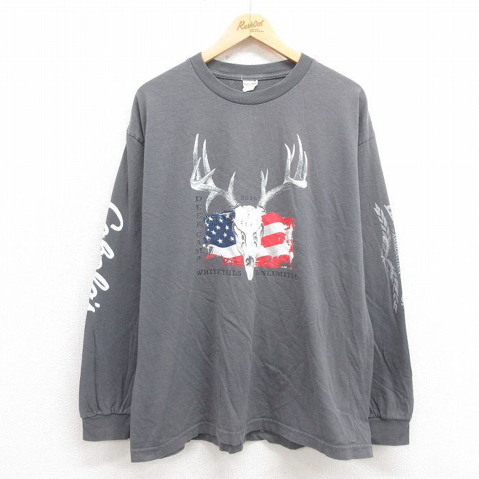 XL★古着 長袖 Tシャツ メンズ シカ 企業広告 コットン クルーネック 濃グレー 25sep29 中古