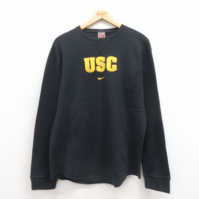 XL★古着 ナイキ NIKE 長袖 ビンテージ サーマル Tシャツ メンズ 00年代 00s USG 刺繍 クルーネック 黒 ブラック 25sep29 中古