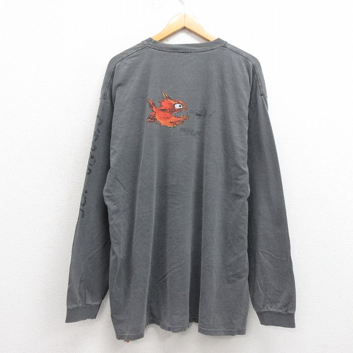XL★古着 長袖 Tシャツ メンズ ピラニアジョー 大きいサイズ コットン クルーネック 濃グレー 25sep29 中古