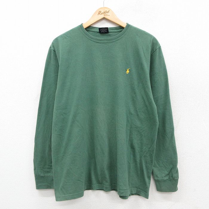XL★古着 ラルフローレン Ralph Lauren 長袖 ブランド Tシャツ メンズ ワンポイントロゴ コットン クルーネック 緑 グリーン 25sep29 中古