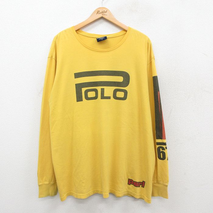 XL★古着 ラルフローレン Ralph Lauren ポロスポーツ 長袖 ブランド Tシャツ メンズ ビッグロゴ 大きいサイズ コットン クルーネック 黄 イエロー 25sep29 中古