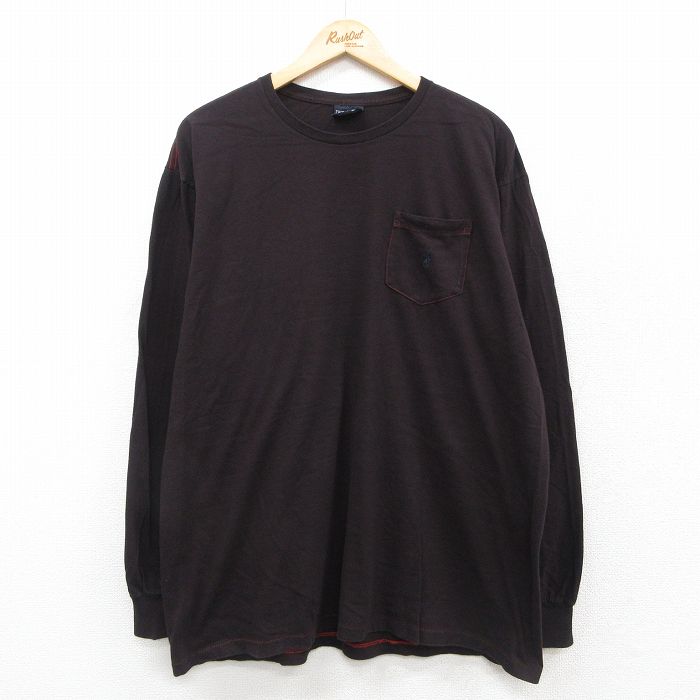 XL★古着 ラルフローレン Ralph Lauren 長袖 ブランド Tシャツ メンズ ワンポイントロゴ 胸ポケット付き 大きいサイズ コットン クルーネック 濃茶系 ブラウン 25sep29 中古