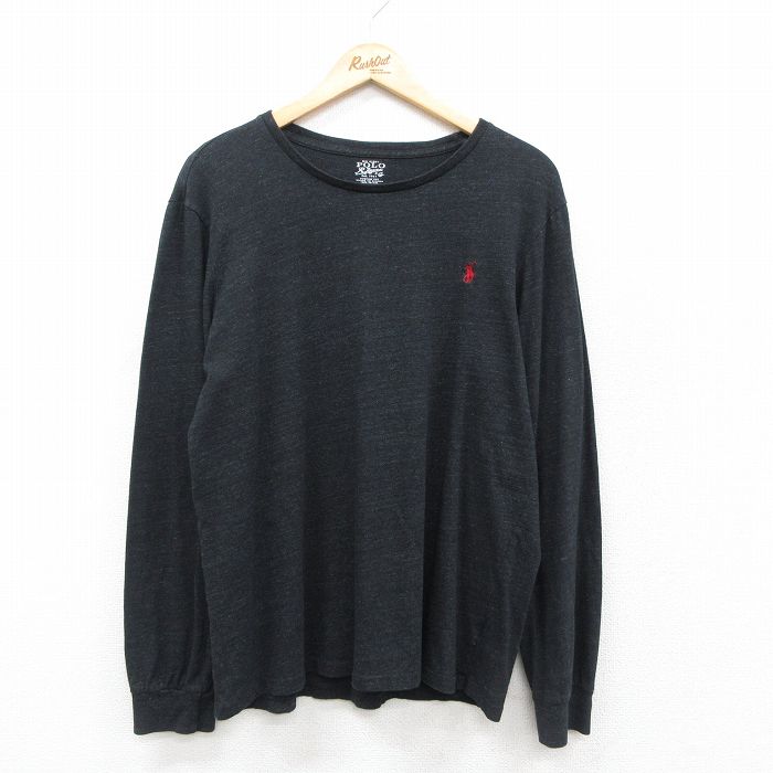 L★古着 ラルフローレン Ralph Lauren 長袖 ブランド Tシャツ メンズ ワンポイントロゴ コットン クルーネック 黒 ブラック 霜降り 25sep29 中古
