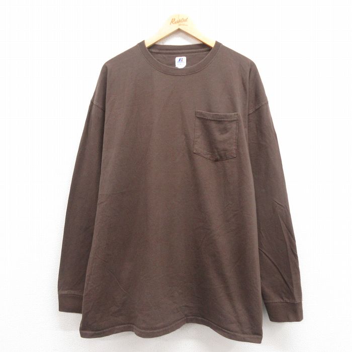 XL★古着 ラッセル 長袖 Tシャツ メンズ 無地 胸ポケット付き 大きいサイズ コットン クルーネック こげ茶 ブラウン 25sep29 中古