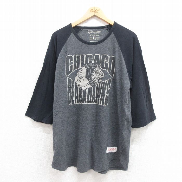 L★古着 7分袖 Tシャツ メンズ NHL シカゴブラックホークス ツートンカラー ラグラン クルーネック グレー アイスホッケー 25sep29 中古 7分丈 七分丈 七分袖