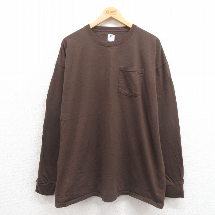 XL★古着 ラッセル 長袖 Tシャツ メンズ 無地 胸ポケット付き 大きいサイズ コットン クルーネック こげ茶 ブラウン 【spe】 25sep29 中古