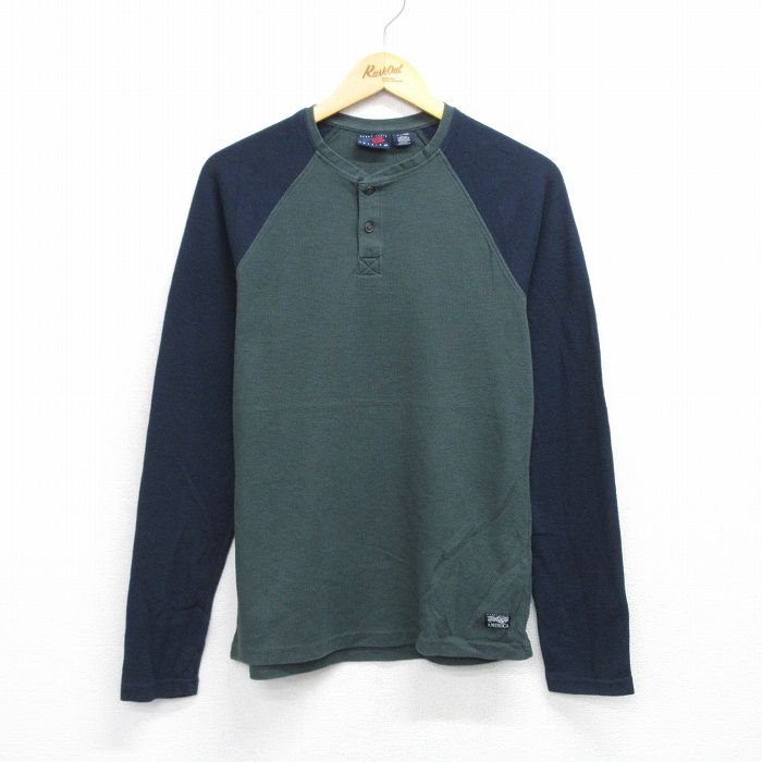 M★古着 ペリーエリス 長袖 サーマル Tシャツ メンズ ラグラン ツートンカラー ヘンリーネック 緑他 グリーン 25sep29 中古