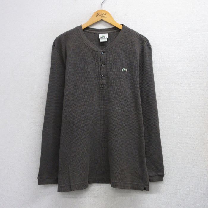 L★古着 ラコステ LACOSTE 長袖 サーマル Tシャツ メンズ ワンポイントロゴ 大きいサイズ コットン クルーネック 濃グレー 25sep29 中古