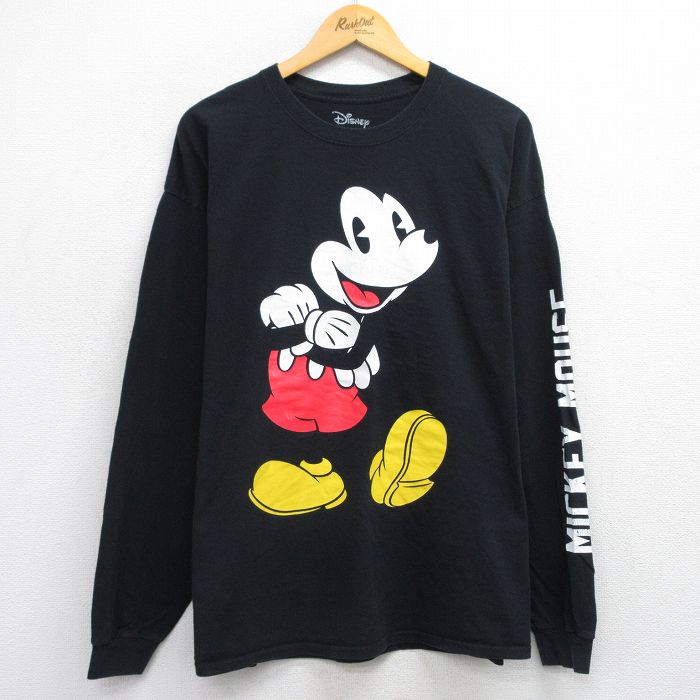 XL★古着 長袖 Tシャツ メンズ ディズニー DISNEY ミッキー MICKEY MOUSE 大きいサイズ コットン クルーネック 黒 ブラック 25sep29 中古