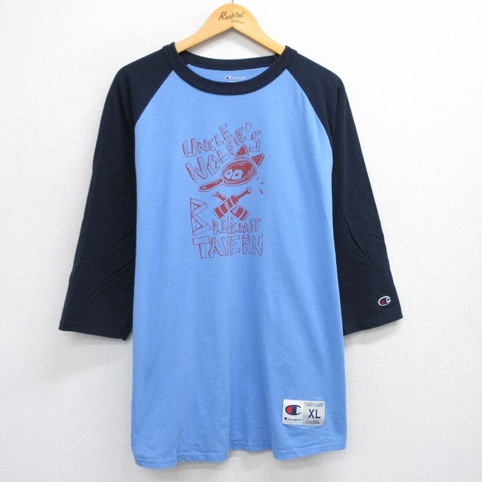 XL★古着 チャンピオン champion 7分袖 Tシャツ メンズ BREAKFAST ラグラン ツートンカラー コットン クルーネック 薄紺他 ネイビー 25sep29 中古 7分丈 七分丈 七分袖