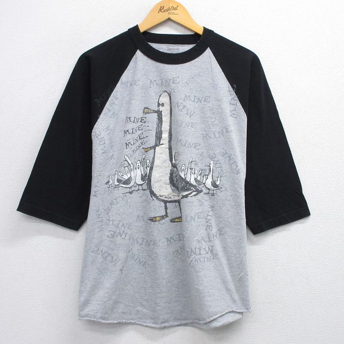 XL★古着 7分袖 Tシャツ メンズ ディズニー DISNEY ファインディングニモ カモメ ラグラン ツートンカラー 大きいサイズ コットン クルーネック グレー他 25sep29 中古 7分丈 七分丈 七分袖