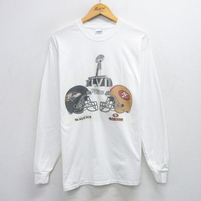 L★古着 長袖 Tシャツ メンズ NFL ボルチモアレイブンズ サンフランシスコフォーティーナイナーズ 49ers コットン クルーネック 白 ホワイト アメフト スーパーボウル 25sep29 中古