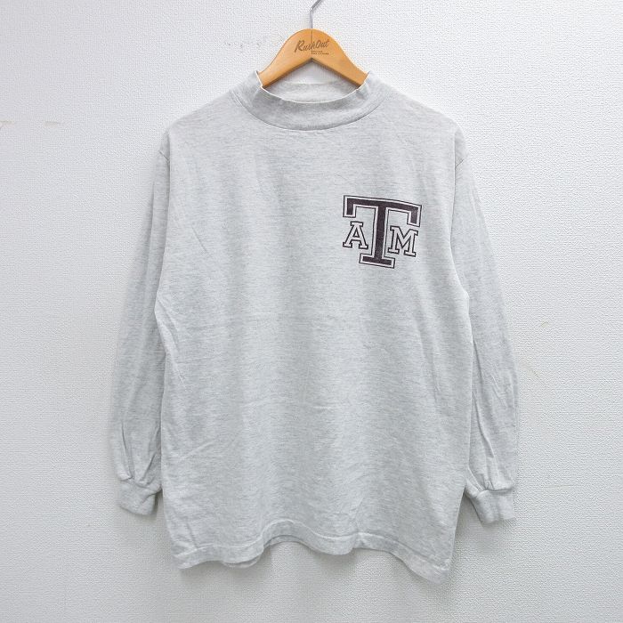 【20%OFF】M★古着 長袖 ビンテージ Tシャツ メンズ 90年代 90s ATM コットン モックネック ハイネック USA製 薄グレー 霜降り 25oct03 中古