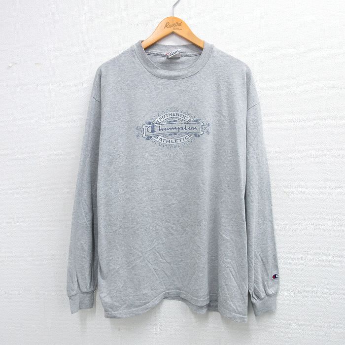 XL★古着 チャンピオン Champion 長袖 ビンテージ Tシャツ メンズ 00年代 00s ビッグロゴ 大きいサイズ クルーネック グレー 霜降り 25oct03 中古