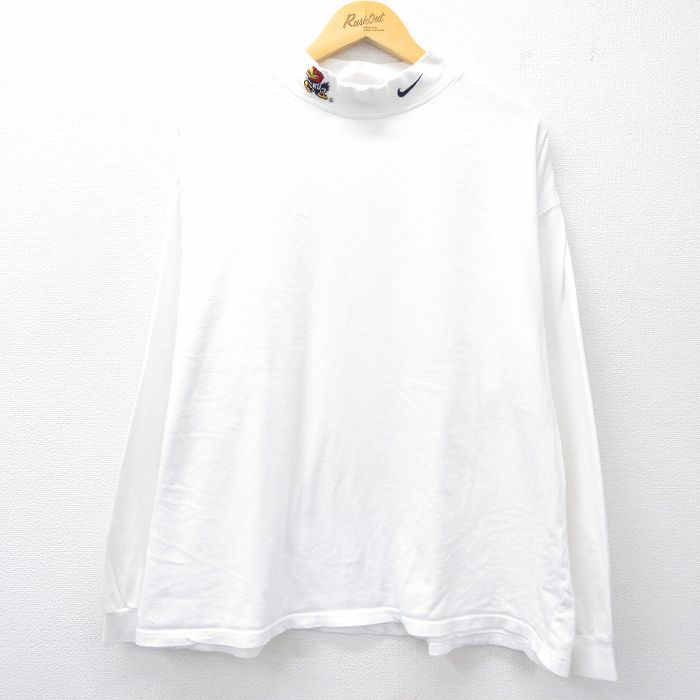 XL★古着 ナイキ NIKE 長袖 ビンテージ Tシャツ メンズ 00年代 00s カンザスジェイホークス 大きいサイズ コットン モックネック ハイネック 白 ホワイト 25oct06 中古
