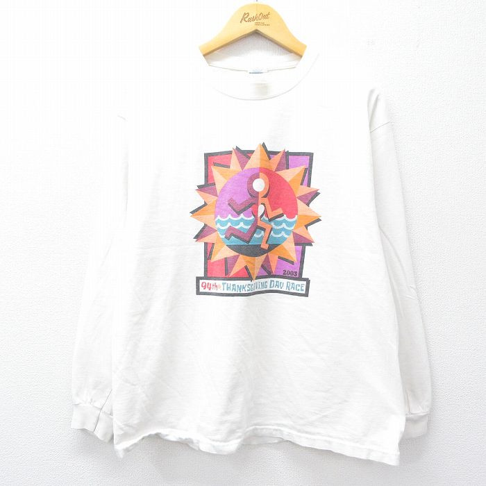【20%OFF】XL★古着 長袖 ビンテージ Tシャツ メンズ 00年代 00s マラソン 企業広告 コットン クルーネック 白 ホワイト 25oct06 中古