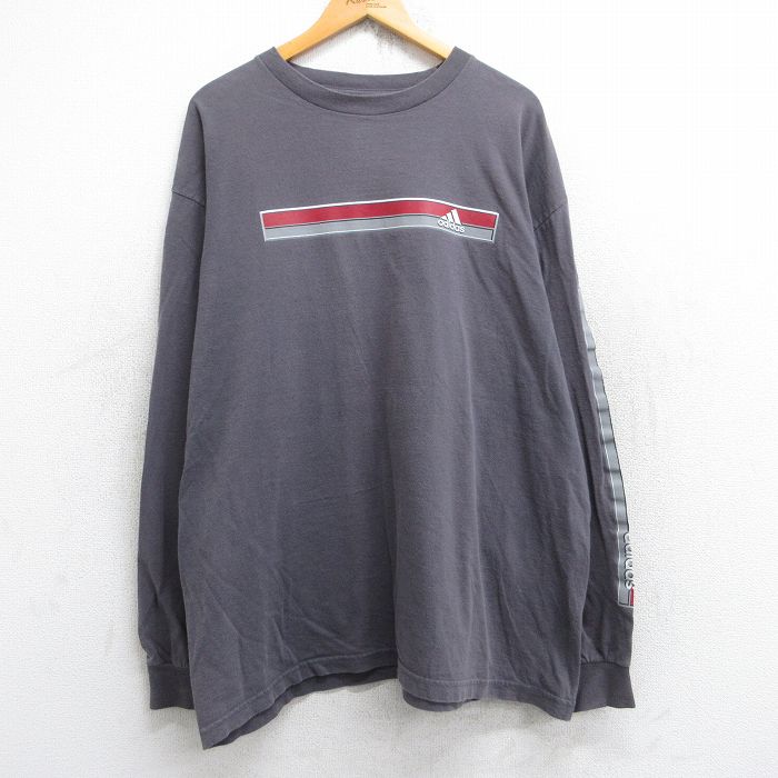 XL★古着 アディダス adidas 長袖 ビンテージ Tシャツ メンズ 90年代 90s ワンポイントロゴ 大きいサイズ コットン クルーネック 濃グレー 25oct04 中古