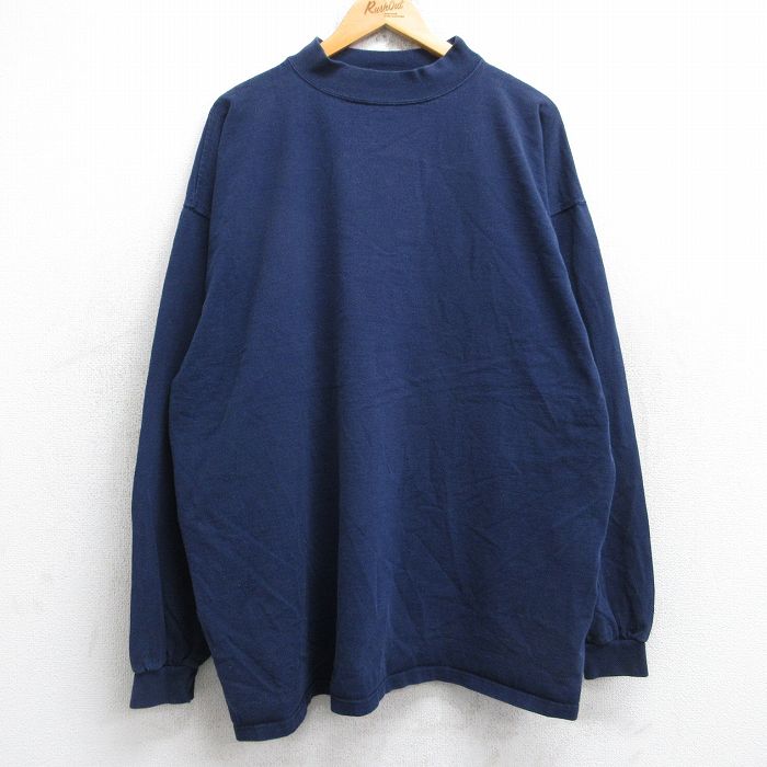 XL★古着 長袖 ビンテージ Tシャツ メンズ 90年代 90s 無地 大きいサイズ コットン モックネック ハイネック USA製 紺 ネイビー 25oct04 中古
