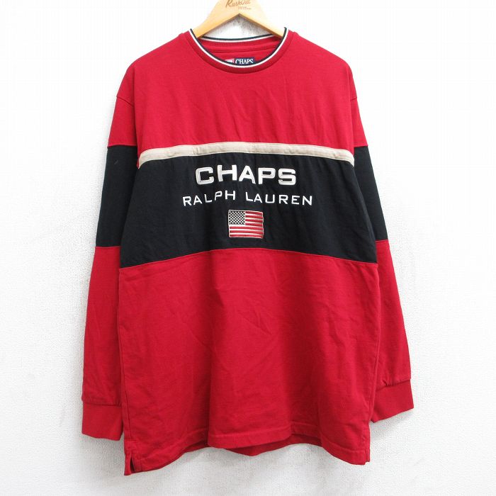 L★古着 ラルフローレン Ralph Lauren チャップス 長袖 ビンテージ ブランド Tシャツ メンズ 90年代 90s ビッグロゴ 大きいサイズ コットン クルーネック 赤他 レッド 【spe】 25oct04 中古