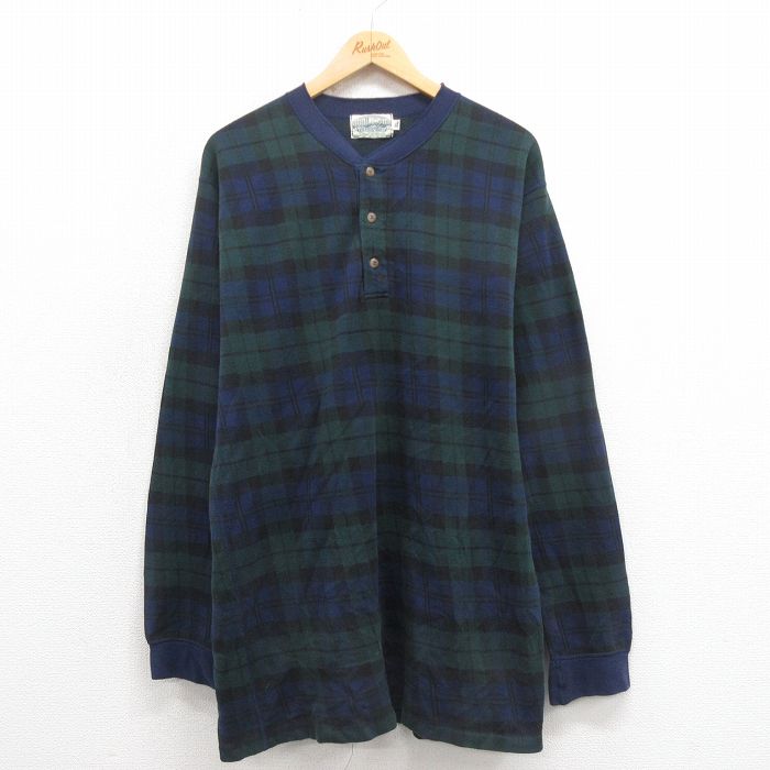 XL★古着 長袖 ビンテージ Tシャツ メンズ 00年代 00s ロング丈 ヘンリーネック 紺 ネイビー タータン チェック ブラックウォッチ 25oct23 中古