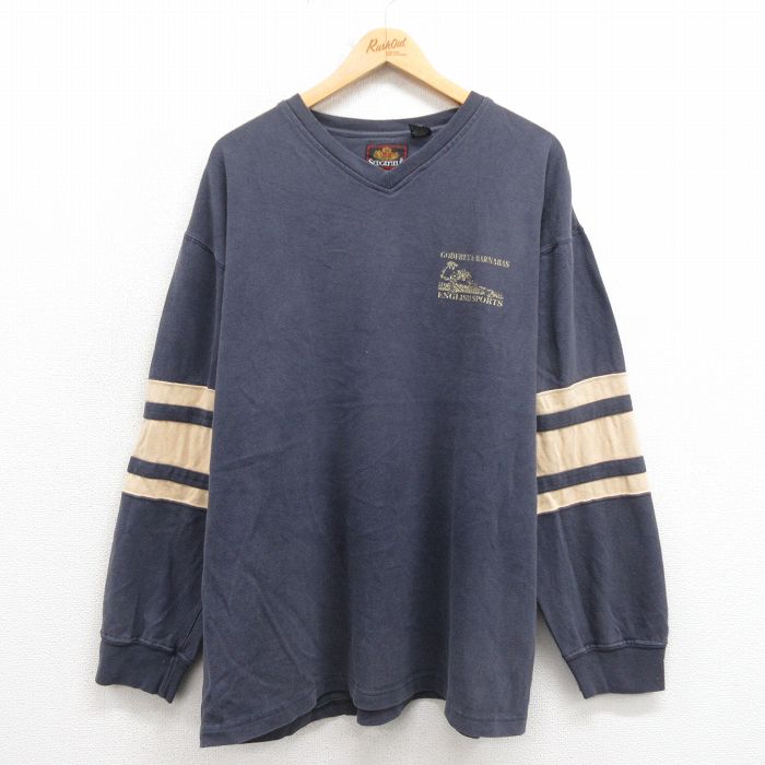 XL★古着 長袖 Tシャツ メンズ イングリッシュスポーツ 大きいサイズ コットン Vネック 紺 ネイビー 25oct23 中古