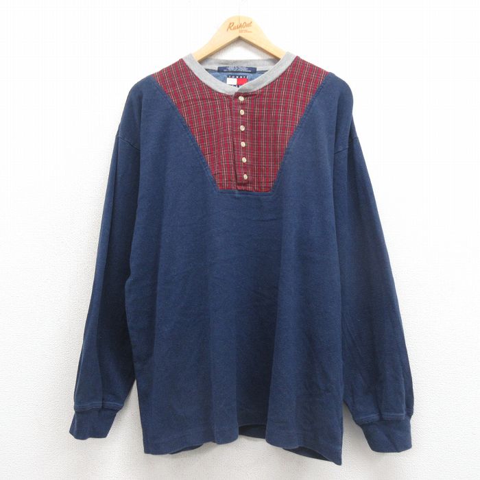 XL★古着 トミーヒルフィガー TOMMY HILFIGER トミージーンズ 長袖 ブランド Tシャツ メンズ 90年代 90s 大きいサイズ コットン ヘンリーネック 紺 ネイビー 25oct23 中古