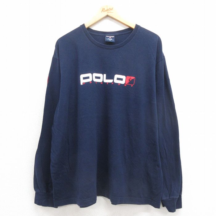 XL★古着 ラルフローレン Ralph Lauren ポロスポーツ 長袖 ブランド Tシャツ メンズ 00年代 00s ビッグロゴ 大きいサイズ コットン クルーネック 紺 ネイビー 【spe】 25oct23 中古