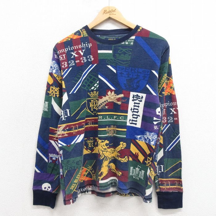 L★古着 ラルフローレン Ralph Lauren 長袖 ブランド Tシャツ メンズ 総柄 コットン クルーネック 紺 ネイビー 25oct23 中古