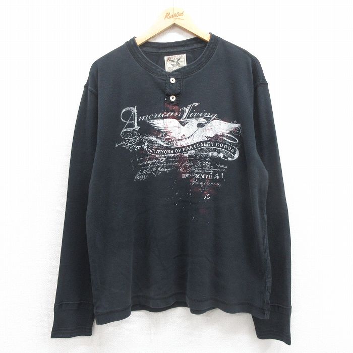 XL★古着 アメリカリビング 長袖 Tシャツ メンズ 鳥 大きいサイズ コットン ヘンリーネック 黒 ブラック 25oct23 中古