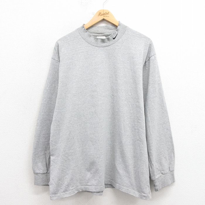 L★古着 ナイキ NIKE 長袖 ビンテージ Tシャツ メンズ 00年代 00s ワンポイントロゴ モックネック ハイネック グレー 霜降り 25oct23 中古