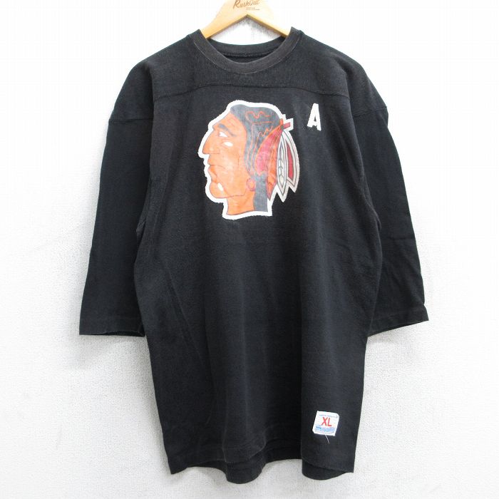 L★古着 チャンピオン Champion 7分袖 ビンテージ フットボール Tシャツ メンズ 80年代 80s NHL シカゴブラックホークス 7 クルーネック USA製 黒 ブラック アイスホッケー 【spe】 25oct27 中古 7分丈 七分丈 七分袖