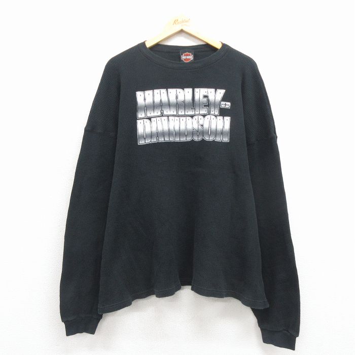 XL★古着 ハーレーダビッドソン 長袖 ビンテージ サーマル Tシャツ メンズ 00年代 00s ビッグロゴ 大きいサイズ コットン クルーネック USA製 黒【spe】 25nov18