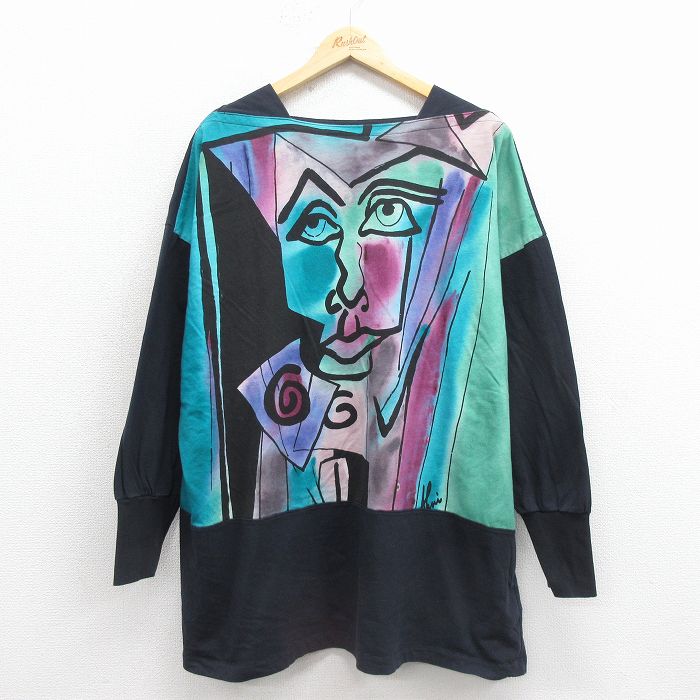 XL★古着 長袖 ビンテージ Tシャツ メンズ 90年代 90s AHINI 大きいサイズ ロング丈 コットン 黒他【spe】 25nov18