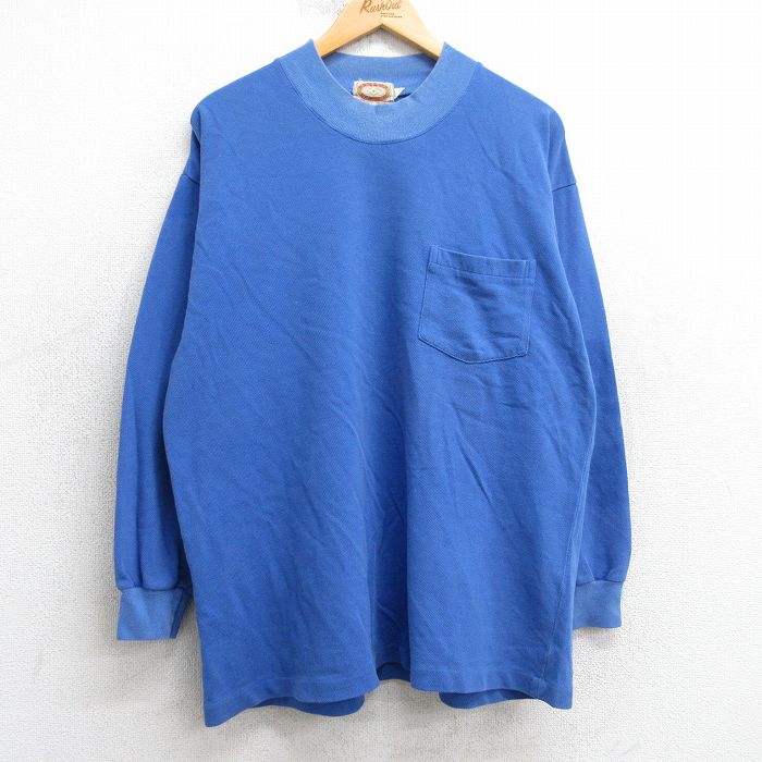 L★古着 バナナリパブリック 長袖 ビンテージ ブランド Tシャツ メンズ 80年代 80s 無地 胸ポケット付き 鹿の子 コットン モックネック ハイネック 青 25nov18