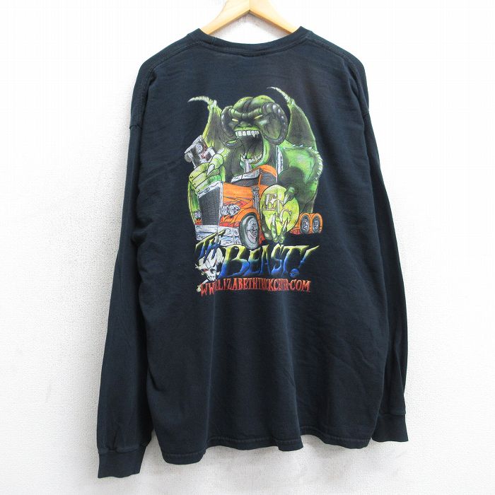 XL★古着 長袖 ビンテージ Tシャツ メンズ 00年代 00s トラック モンスター スカル 大きいサイズ コットン クルーネック 黒 25nov18