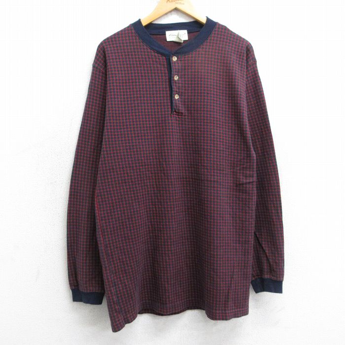 M★古着 エディーバウアー 長袖 ビンテージ Tシャツ メンズ 00年代 00s 千鳥格子 コットン ヘンリーネック 赤他【spe】 25nov18