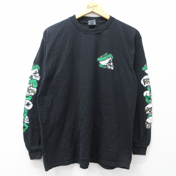 L★古着 長袖 ビンテージ Tシャツ メンズ 00年代 00s スカル ヘビ コットン クルーネック 黒 25nov26