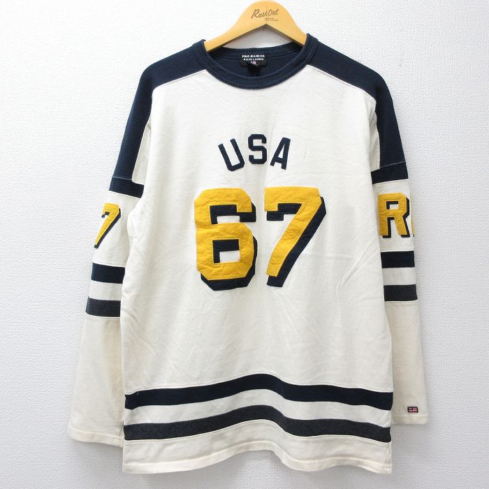 XL★古着 ラルフローレン ポロジーンズ 長袖 ブランド Tシャツ メンズ 00年代 00s USAロゴ 67 コットン クルーネック 生成り他【spe】 25nov26