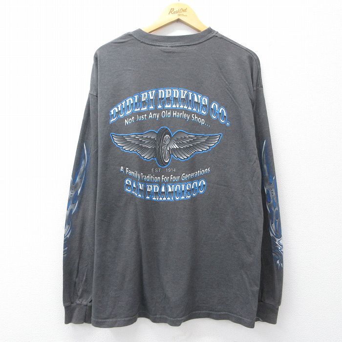 XL★古着 ハーレーダビッドソン 長袖 ビンテージ Tシャツ メンズ 90年代 90s 胸ポケット付き DUDLEY PERKINS クルーネック USA製 濃グレー 霜降り【spe】 25nov26